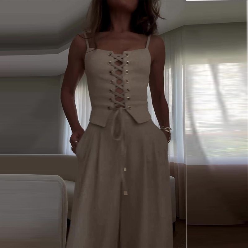 Women's Clothing pure desire sexy hollow strap top casual wide leg pants suit_desvips.com