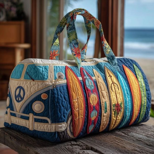 Trendy 3D Quilted Duffle Bus Design Large Capacity Travel Handbag Retro Boho Multifunctional Gym Tote Bag Daily Outings_desvips.com