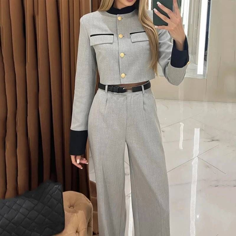 Women's Clothing fashion contrasting color small fragrance style elegant wide-leg trousers suit_desvips.com