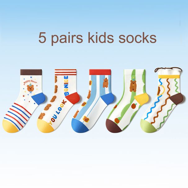Beibi 5-pair Mid-calf Socks, Bear Cartoon Print Pattern,thin Spring And Summer Style,suitable For Children Over 4 Years Old_desvips.com