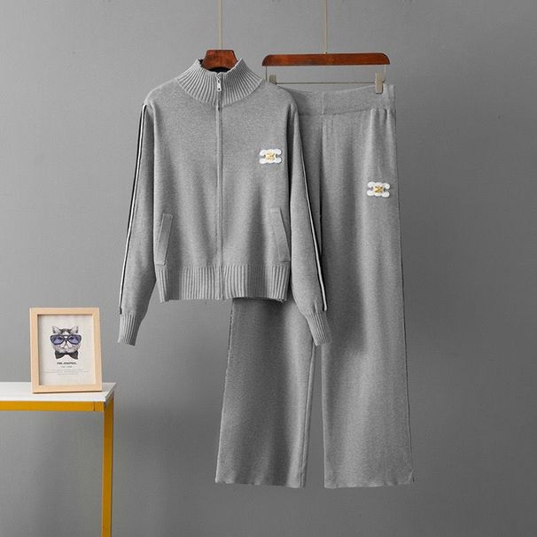New 2025 Style Fashion Zipper Wide-Leg Pants Embroidered Casual Knitted Two-Piece Jacket Set Versatile European And_desvips.com