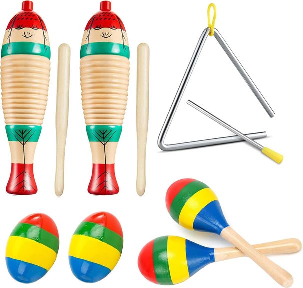 Guiro Adult Maracas, Egg Shaker, 6inch Approximately 15.2cm Musical Steel Triangles, Colorful Wooden Latin Percussion_desvips.com
