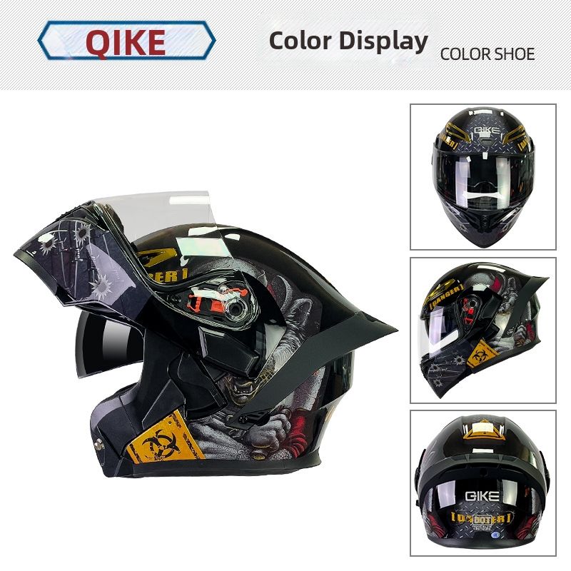 Qike Motorcycle Double Lens Flip Up Helmet Motorcycle Full Helmet Personality Big Tail Rider Safety Four Seasons Universal Helmet_desvips.com