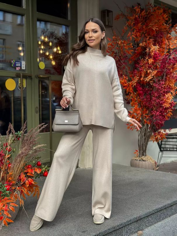 Autumn Winter Russian Sleeve Loose Casual Long Pants Sweater For Women Cross-Border European And American Hot Sale Split_desvips.com