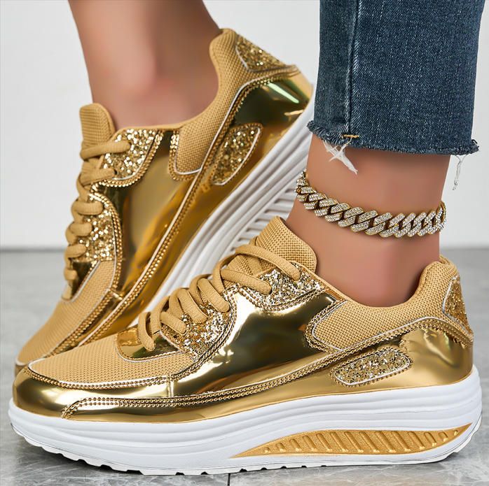 Cross-border 2025 Spring And Autumn Rocking Bottom Gold Glossy Mesh Casual Sports Shoes Outdoor Plus Size Shoes_desvips.com