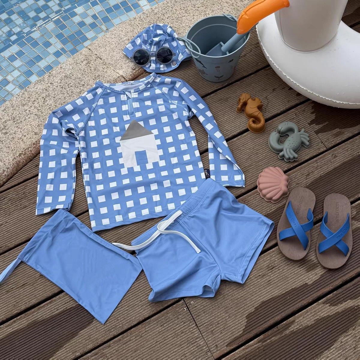 2026 Summer New Boys' Plaid Long-Sleeve Swimsuit Children's Baby Boy Swimming Set Sun-Protective Swimwear_desvips.com