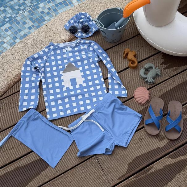 2026 Summer New Boys' Plaid Long-Sleeve Swimsuit Children's Baby Boy Swimming Set Sun-Protective Swimwear_desvips.com