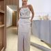 women's clothing retro washed distred halter neck svel lapel raw edge denim top slit slim skirt two piece set_desvips.com