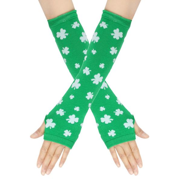 New St. Patrick's Day Long Fingerless For Men And Women, Over The Elbow, Irish Holiday Clover Gloves_desvips.com