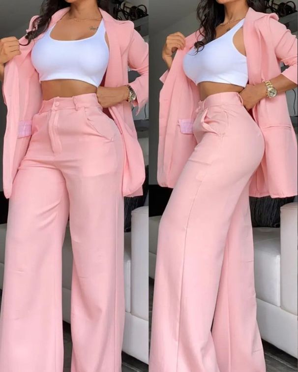 women's clothing, elegant and solid color split sleeve lapel suit with pockets and straight pants suit_desvips.com