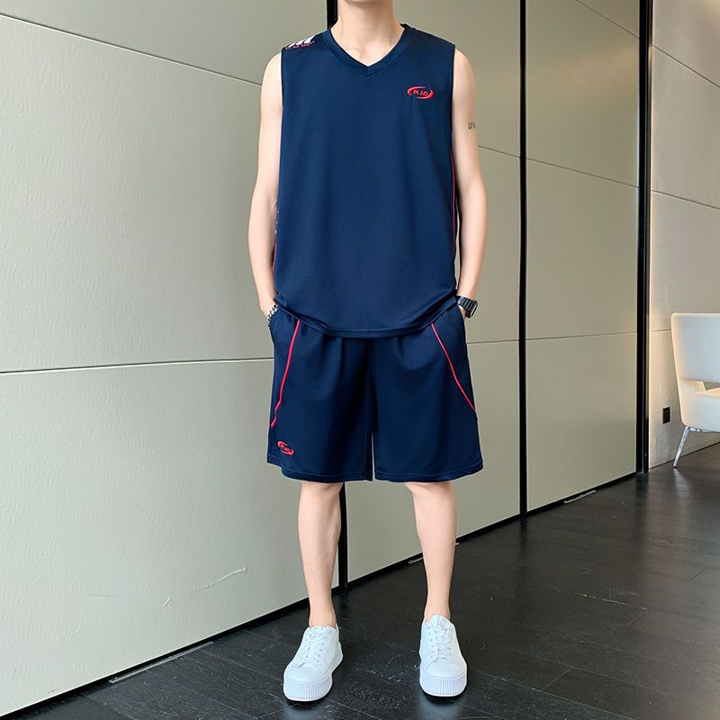 Ice Silk Vest Jersey Sleeveless T-Shirt Sports Short Sleeve Men's Quick-Dry Five-Point Shorts Summer Set Basketball_desvips.com