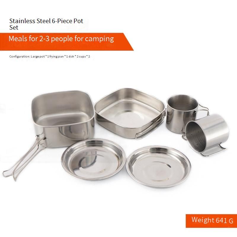 6-Piece Stainless Steel Camping Cookware Set Portable Outdoor Cooking Kit For 3-4 People - Includes Pots Pans & Bowls_desvips.com