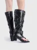 Stylish Vintage Woman Slip On Square Split Toe Leather High Heels Shoes Women Fashion Casual Rivet Boot Gothic Punk Rock_desvips.com