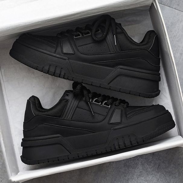Men's Spring And Autumn Niche Design Versatile Casual Pure Black Sneakers Youth Sports Thick Bottom Heightening Bread_desvips.com