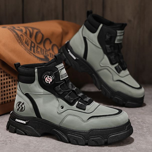 New Leather Rotary Buckle Work Shoes For Autumn And Winter Outdoor Men's Non-slip Thick Sole High-top Casual Shoes_desvips.com