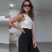 Women's Clothing fashion solid color oblique collar slim fit top high waist wide leg pants suit_desvips.com