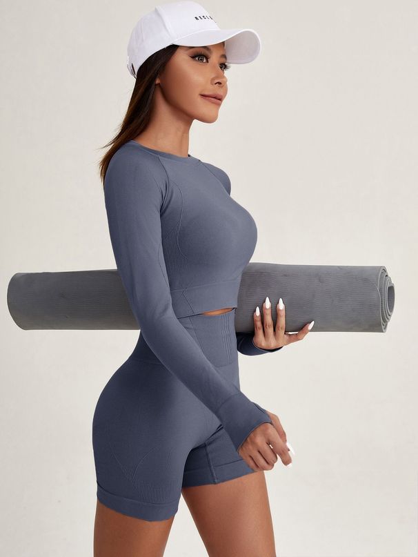 Women's Solid Color Quick Dry Fitness Sports Suit Long Sleeved Three Piece Running Yoga Suit Comfortable Two Piece Set_desvips.com
