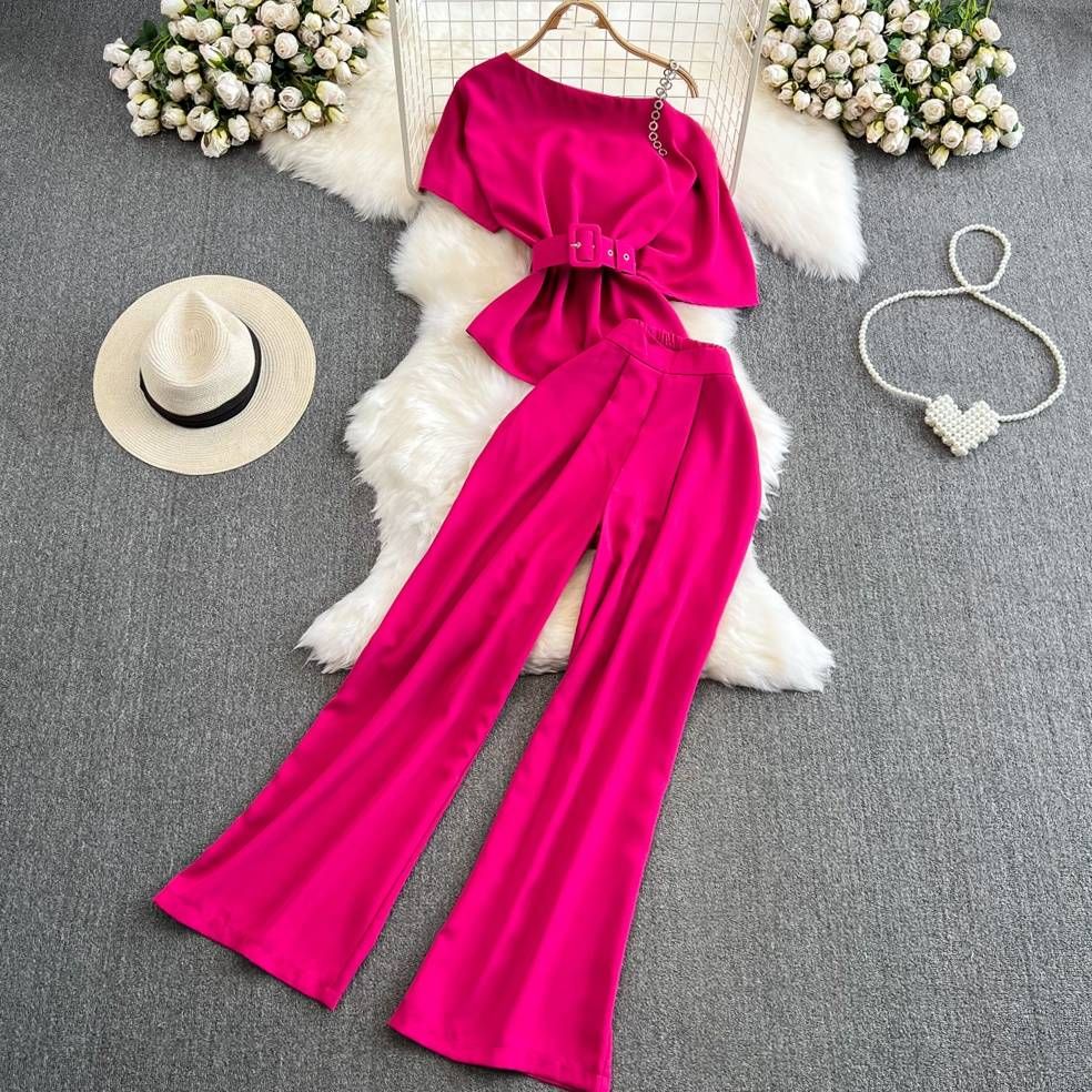 Women's Clothing elegant short sleeved oblique collar, off shoulder waisted short top, two piece suit, high waist wide leg pants_desvips.com