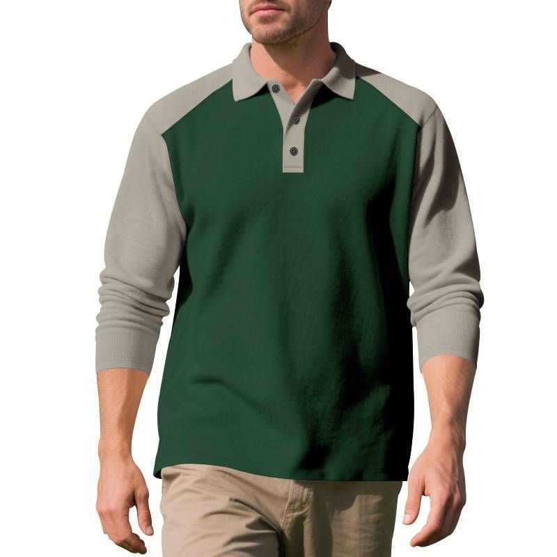 American-style Men's Polo Shirt For Autumn And Winter In Foreign Trade, Color-blocked Casual Golf Lapel Long-sleeved T-shirt As The Base Layer_desvips.com