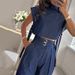 Women's solid color flying sleeves and ribbon short tops slim belt straight pants suit_desvips.com