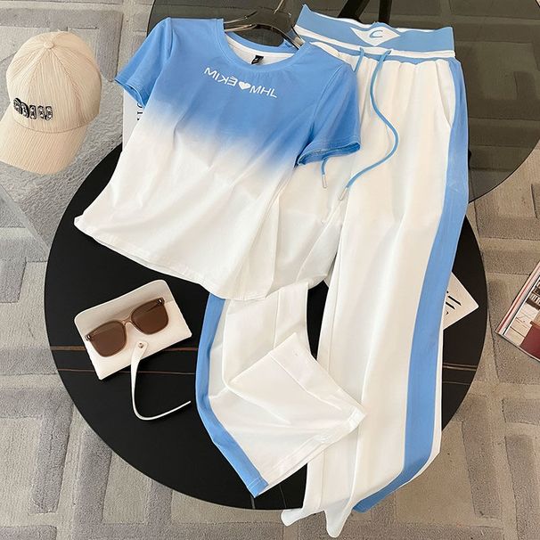 Gradient Short Sleeve Sports Style For Women Summer 2025 Korean Version Trendy Casual Fashion Wide Leg Pants Two-Piece_desvips.com