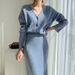 Women's Clothing elegant V-neck linen pattern knitted cardigan sweater + high waist sheath skirt_desvips.com