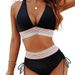 European And American Cross-Border Women's Bikini High-Waist Two-Piece Color Block Set With Drawstring Gathered Tummy_desvips.com