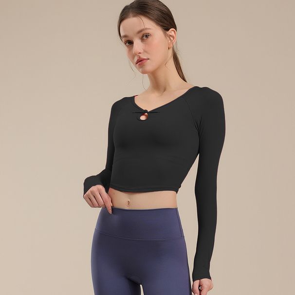 V-Neck Short Fitness Yoga Shirt Long Sleeve Outerwear Running Pilates Slimming Tight-Fitting Sports Top With Chest Pads_desvips.com