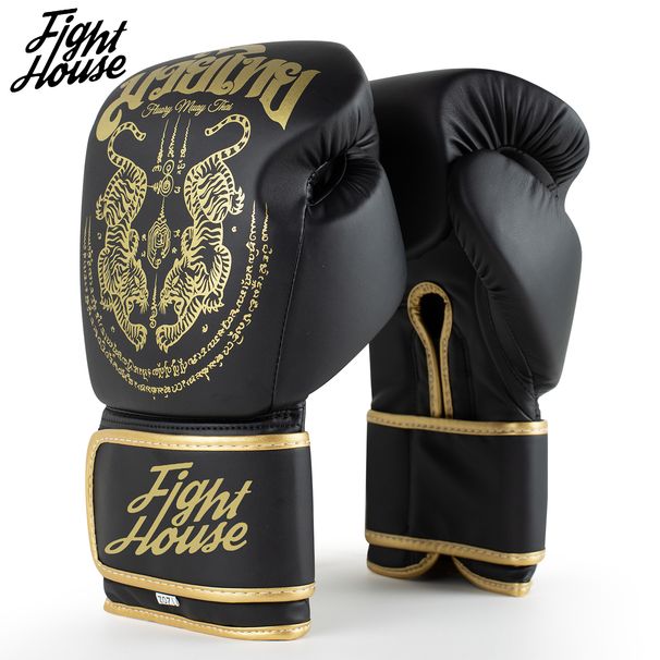 Fight House 10OZ 12OZ 14OZ 16OZ Muay Thai Double Tiger Apricot Black Gold Fighting Training Boxing Gloves_desvips.com