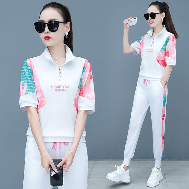 Women's Stand Collar Short Suit Summer 2025 New Casual Fashion Three-Quarter Sleeve Sportswear Loose Plus Size Two-Piece_desvips.com