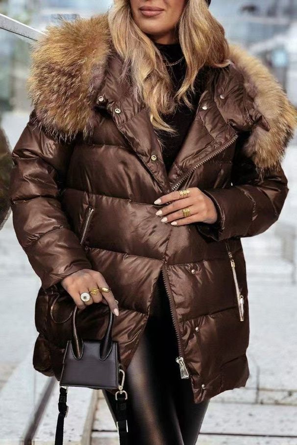 Elegant Winter Coat For Women With Faux Fur Collar - Warm Long Coat In Red, Brown, Black - Snowflake Fleece Lining, Slim Fit, S-XXXL_desvips.com