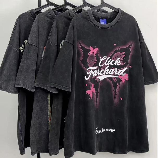 Butterfly Print Vintage Washed Short T Shirt For Men And Couples Summer Loose Round Neck Half Sleeve Shirt_desvips.com