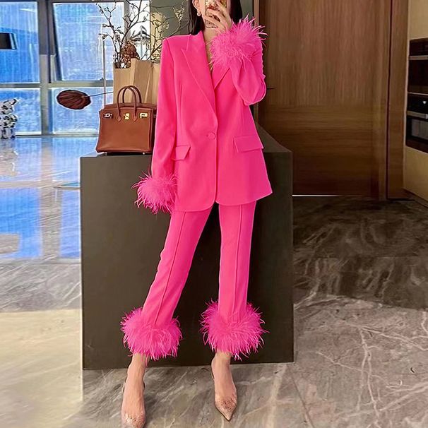 Women's clothing Internet celebrity style ostrich feather suit two-piece suit temperament dress women's pants suit_desvips.com