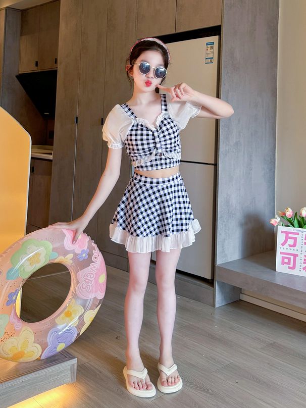 Girls 2025 New Summer Large Children Plaid Swimsuit Set Princess Style Girl Swimwear Fashionable_desvips.com