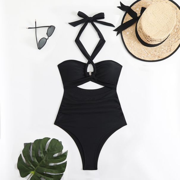 2025 Plus Size Tie Cross Halter Bikini Sexy Fashion Tight One-Piece Swimsuit For Women Backless Covering Flesh_desvips.com
