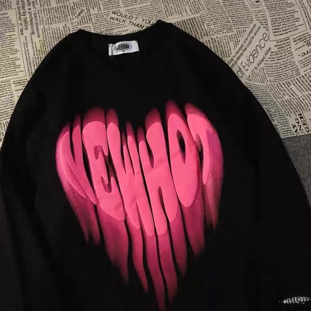 100% Pure Cotton Ins Heart Letter Graffiti Long Sleeve T-Shirt Unisex Trendy Loose Casual New Round Neck Tee_desvips.com