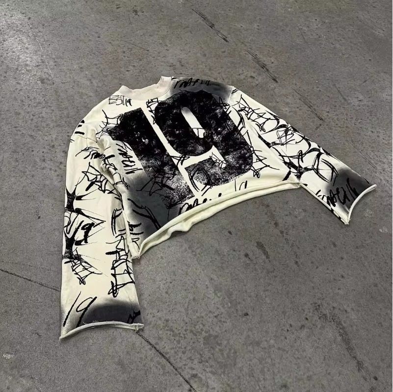 Number 19 Street Terry Cotton Hip-Hop Gothic Loose Y2k Crew Neck Long Sleeve Distressed Style Clothing_desvips.com