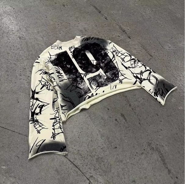 Number 19 Street Terry Cotton Hip-Hop Gothic Loose Y2k Crew Neck Long Sleeve Distressed Style Clothing_desvips.com