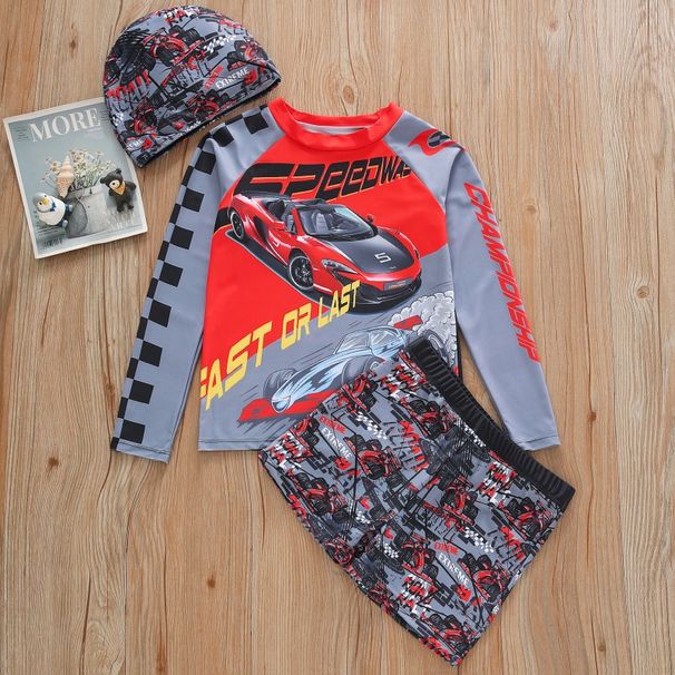 2026 Children's Long Sleeve Swimsuit Two-Piece Shorts Racing Print Boys' Swimwear Sun Protection UPF50+_desvips.com