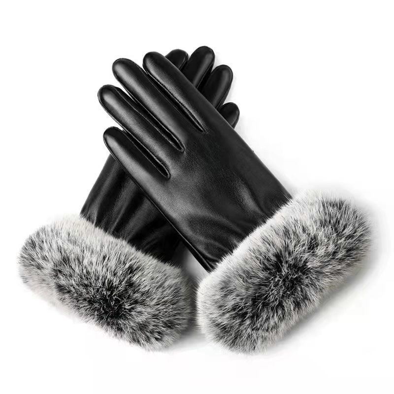 Women's Winter Leather Warm Cold-Proof Riding Cute Touchscreen Fleece-Lined Thickened Cycling Gloves_desvips.com