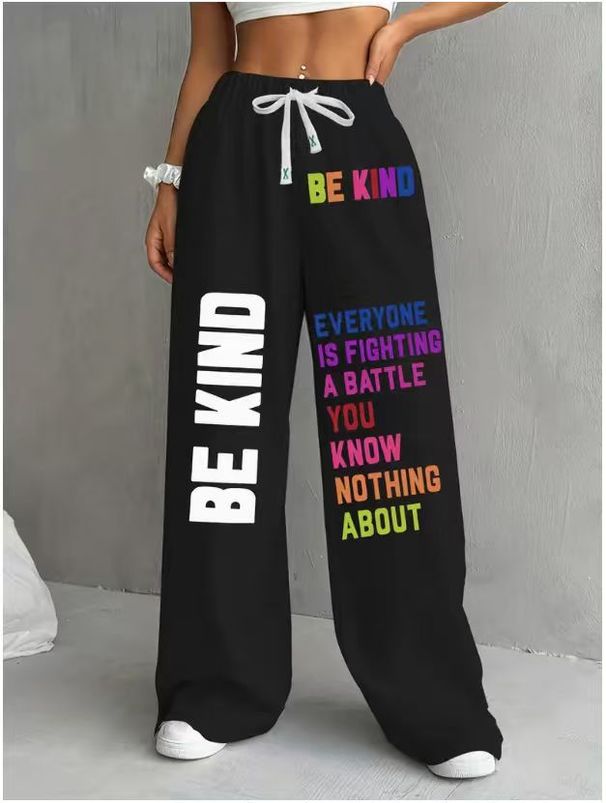 nokometa Autumn And Winter American Simple Letter Print Drawstring Loose Casual Trousers Hip-hop Street Women Straight-leg Trousers_desvips.com