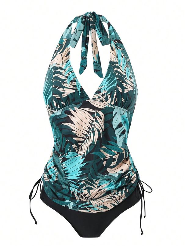 Women's Tight-Fit Halter Swimsuit - Maple Leaf Print Bikini Set With High-Cut Briefs & Adjustable Ties (Modest & Stylish)_desvips.com