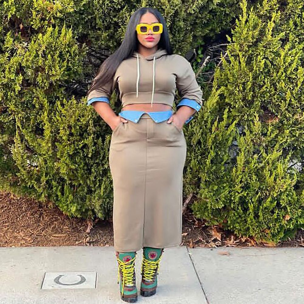 Women's Clothing casual hooded long sleeved sweatshirt denim splicing slit skirt suit_desvips.com