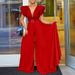 Women's sexy deep V pleated wide leg large size jumpsuit_desvips.com