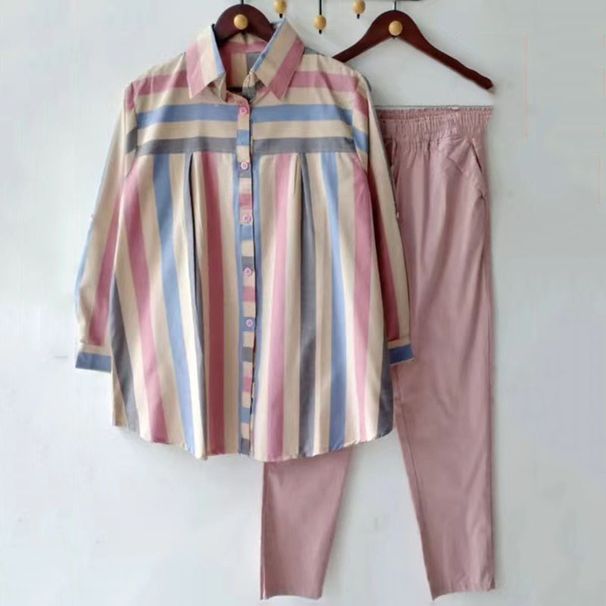 Women's Spring And Autumn Large Size Loose Fat MM Striped Collar Long-sleeved Fashion Sports Suit Two-piece Suit_desvips.com