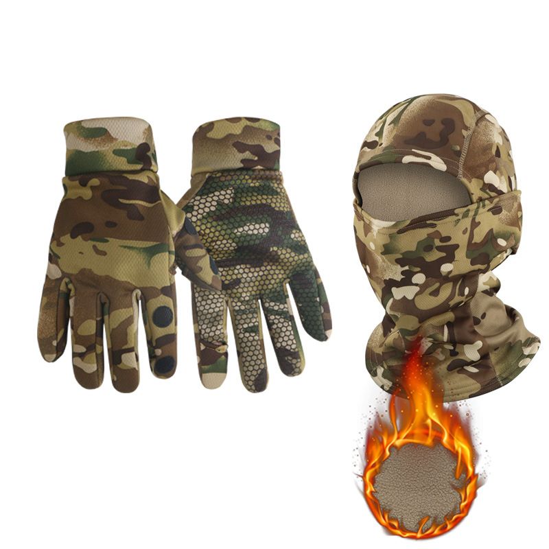 Outdoor Camouflage Hat Winter Cold-Proof Two-Piece Set Fleece-Lined Thickened Warm Skiing Gloves Mountaineering Riding_desvips.com