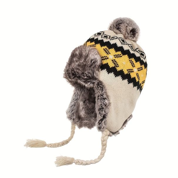Winter Knit Hat With Detachable Ear Flaps Pom-Pom. Grid Pattern, Adjustable Drawstring. For Outdoor Sports & Holidays!_desvips.com