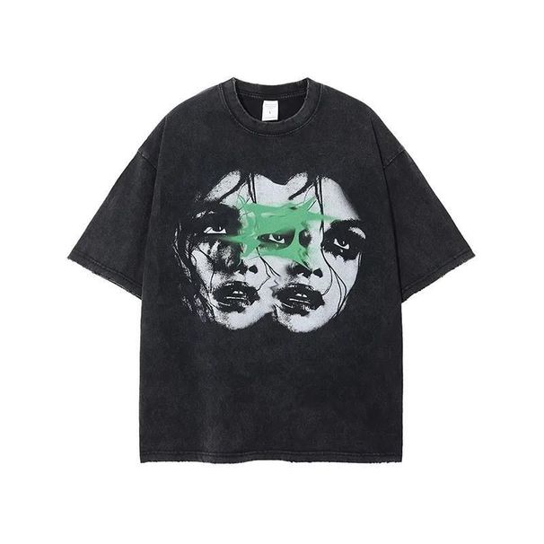 Pure Cotton Dark Portrait Mask Graffiti Print American Street Style Vintage Washed Loose Short Sleeve_desvips.com