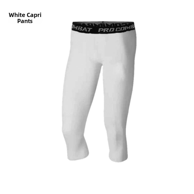 Men's White Stretch Capri Pants Quick Drying Compression Sports Tights For Running Training Fitness Basketball Leggings_desvips.com