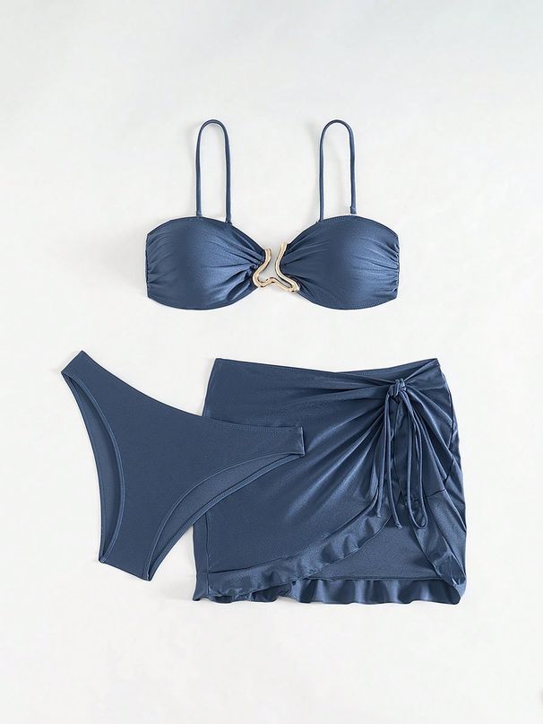 2026 New Blue Small-Breasted Push-Up Bikini, Strapless Ruched High-Cut Two-Piece Triangle Women's Swimsuit_desvips.com